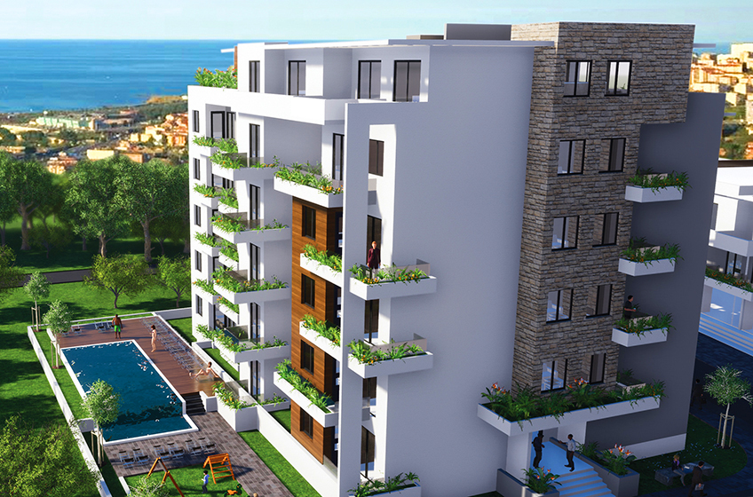 Verde Di Oliva konut projesi - deniz manzaralı modern daireler ve açık havuz.