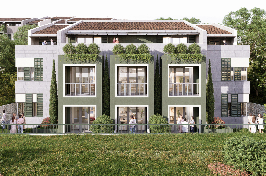 Miramare Kotor 1+1 daireler - modern mimarili rezidans ve bahçe alanı.